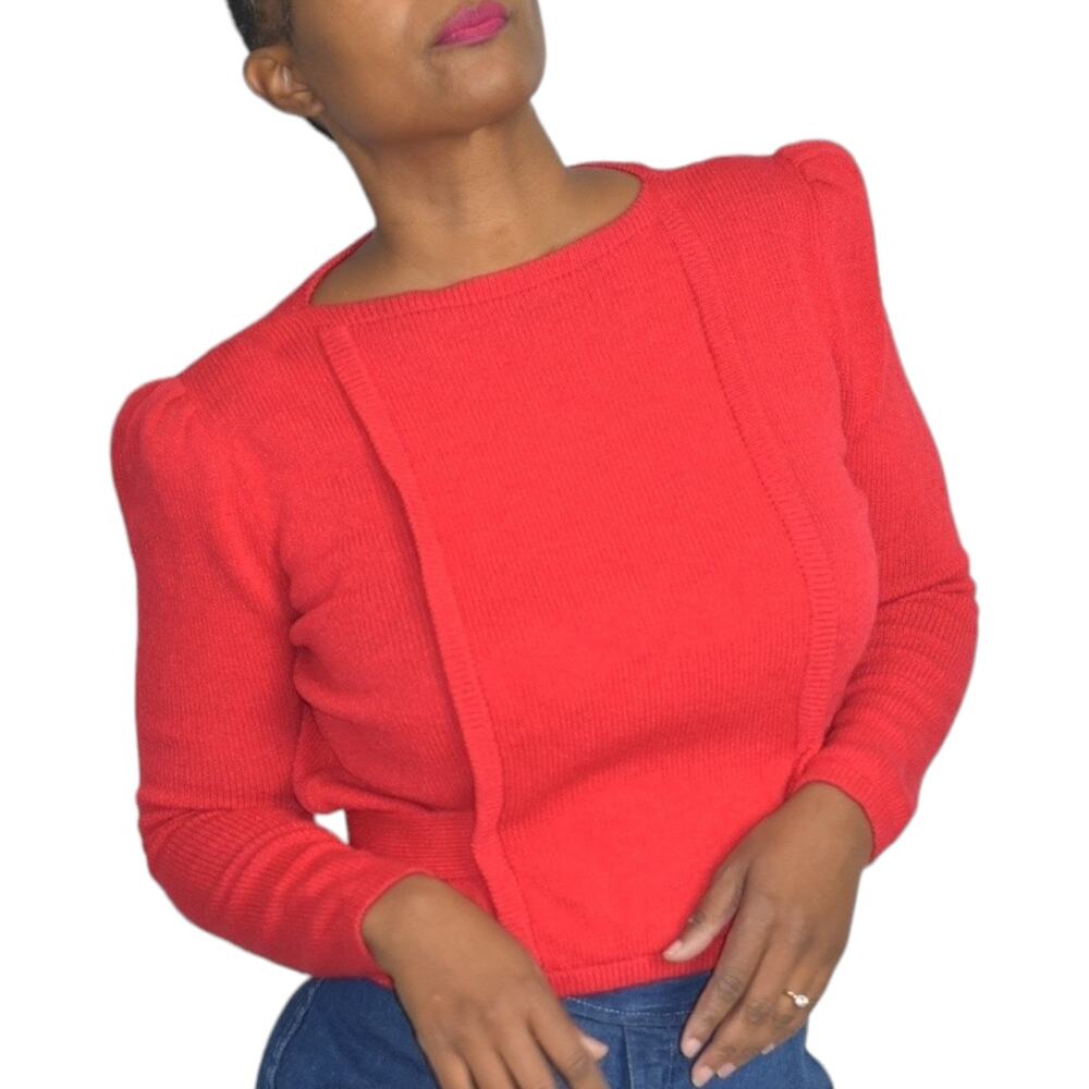 Vintage St John Top Red Sweater Santana Knit Puff Sleeve 80s Marie Gray Size 4